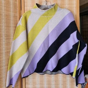 Maeve Colorblock Diagonal Stripe Cropped Sweater in Lime, Lavender & Black
